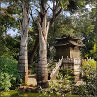 Peaceful garden path and pavilion among mature trees at the Golden Temple.