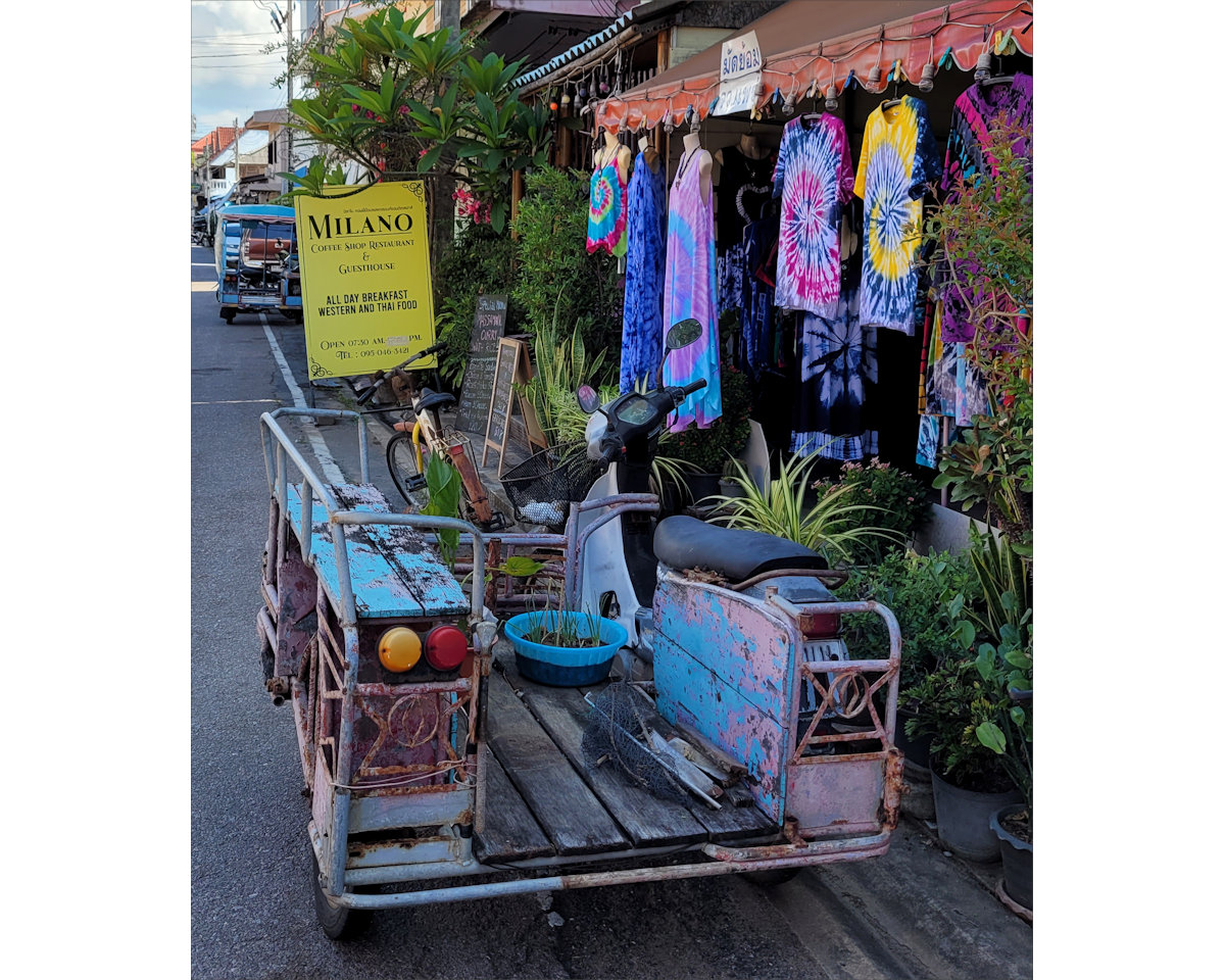 Little shops and motorbike with sidecar, Prachuap