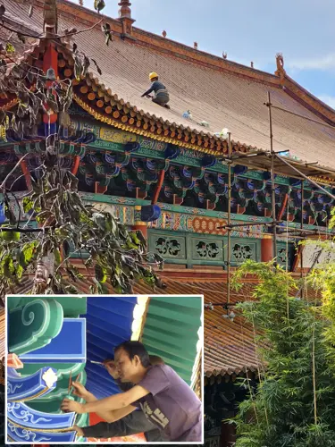 Worker repairing roof tiles of a temple building at Yuantong Temple; inset image shows a painter restoring painted wooden beams.